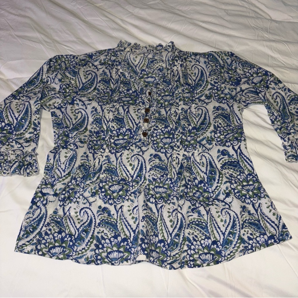 Mexicali Blues Women’s Button Front Tunic Blue and Green Paisley Free Size